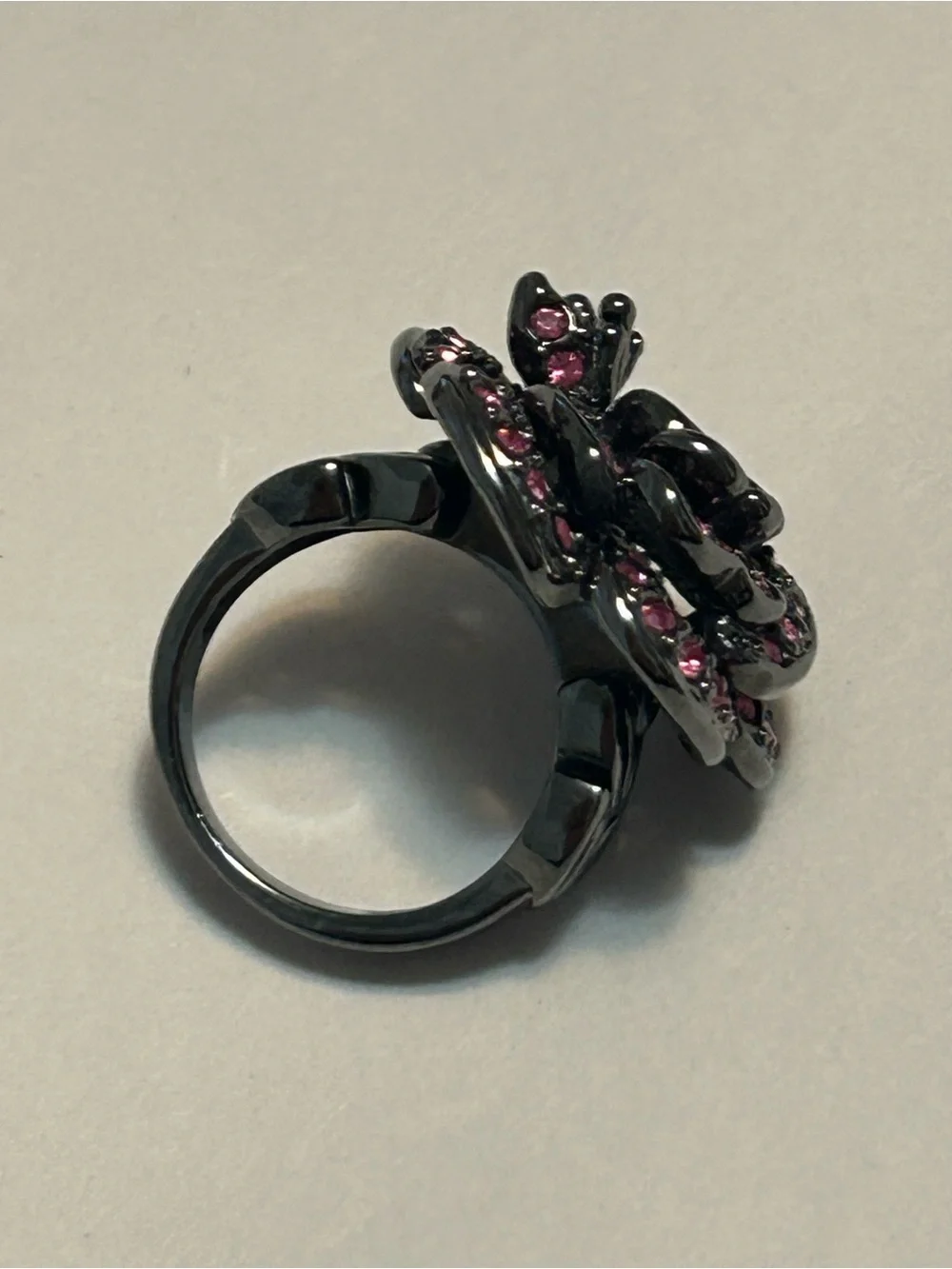 Park Lane Pink Crystal Floral Cocktail Ring With Miniature Corner Butterfly